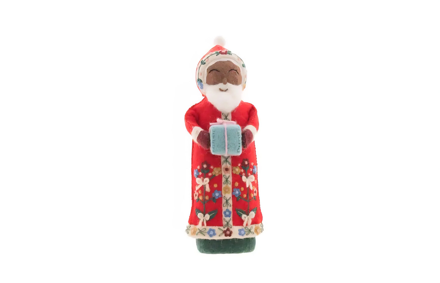 Handcrafted African American Santa in red floral robe