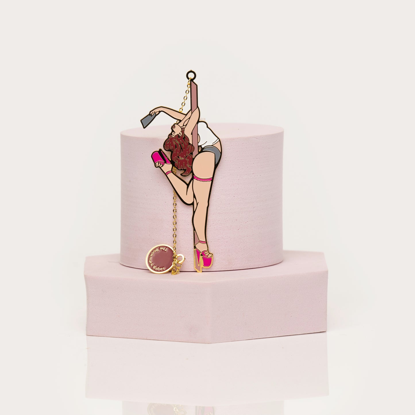 Stripper-themed bookmark with pink heels and gold chain