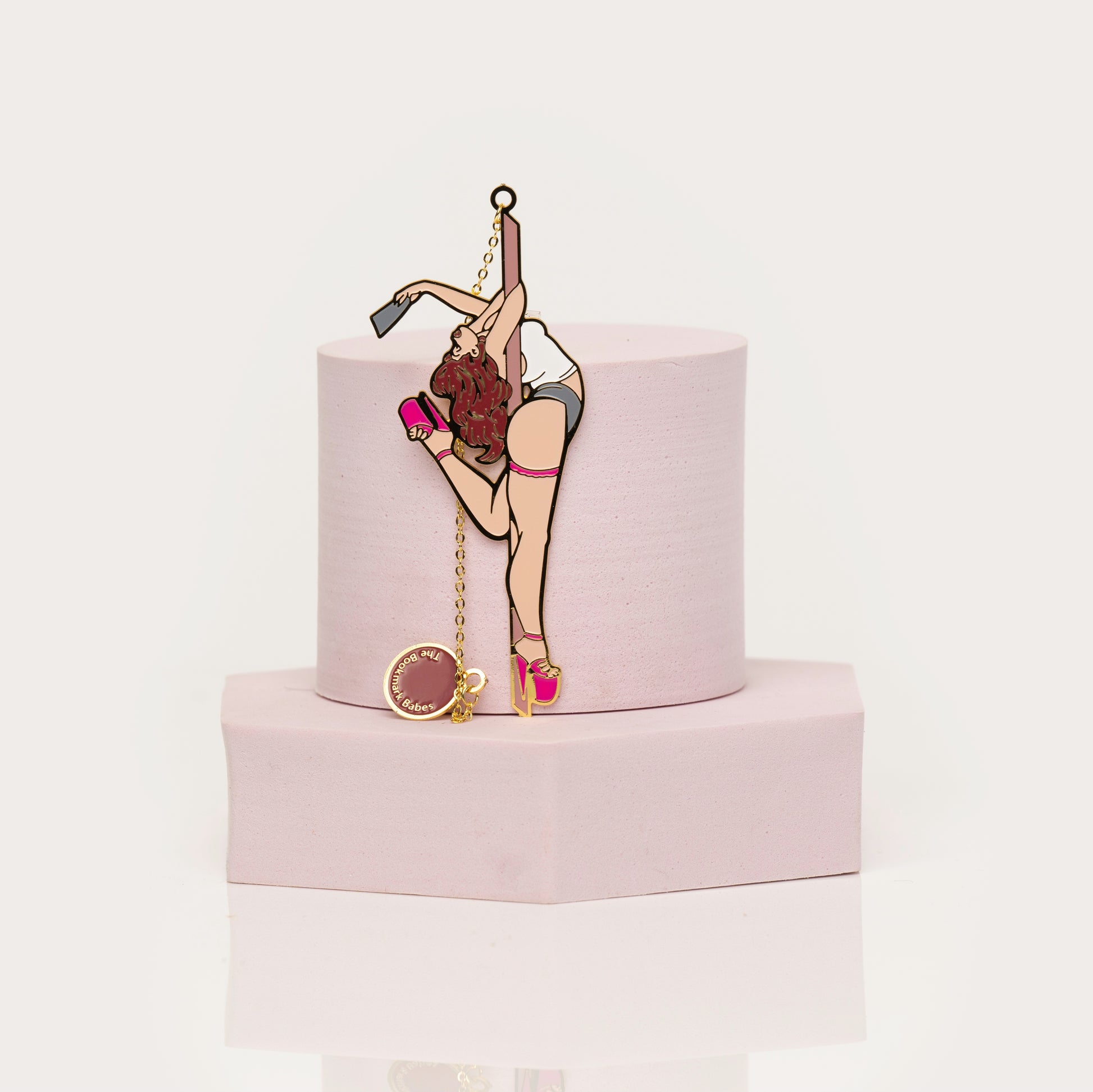 Stripper-themed bookmark with pink heels and gold chain