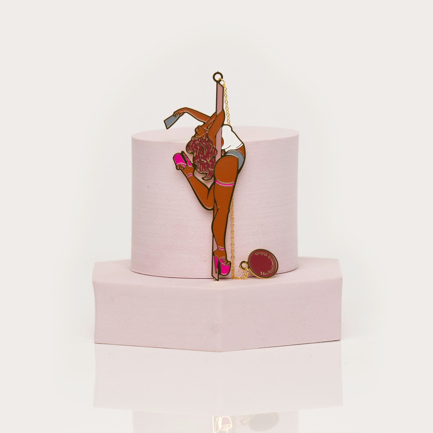 Stripper-themed bookmark with pink heels and gold chain