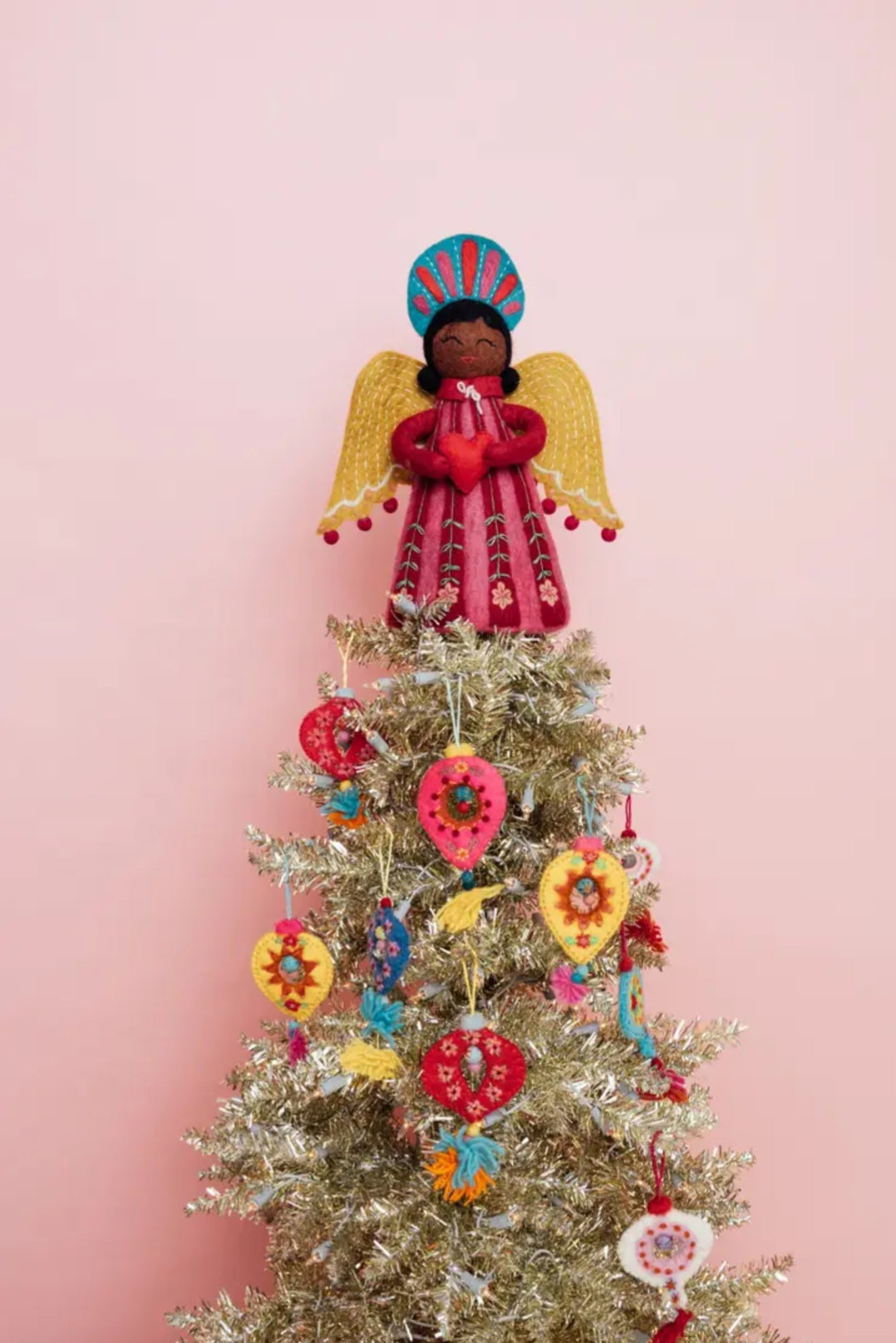 African American felted wool angel holding red heart