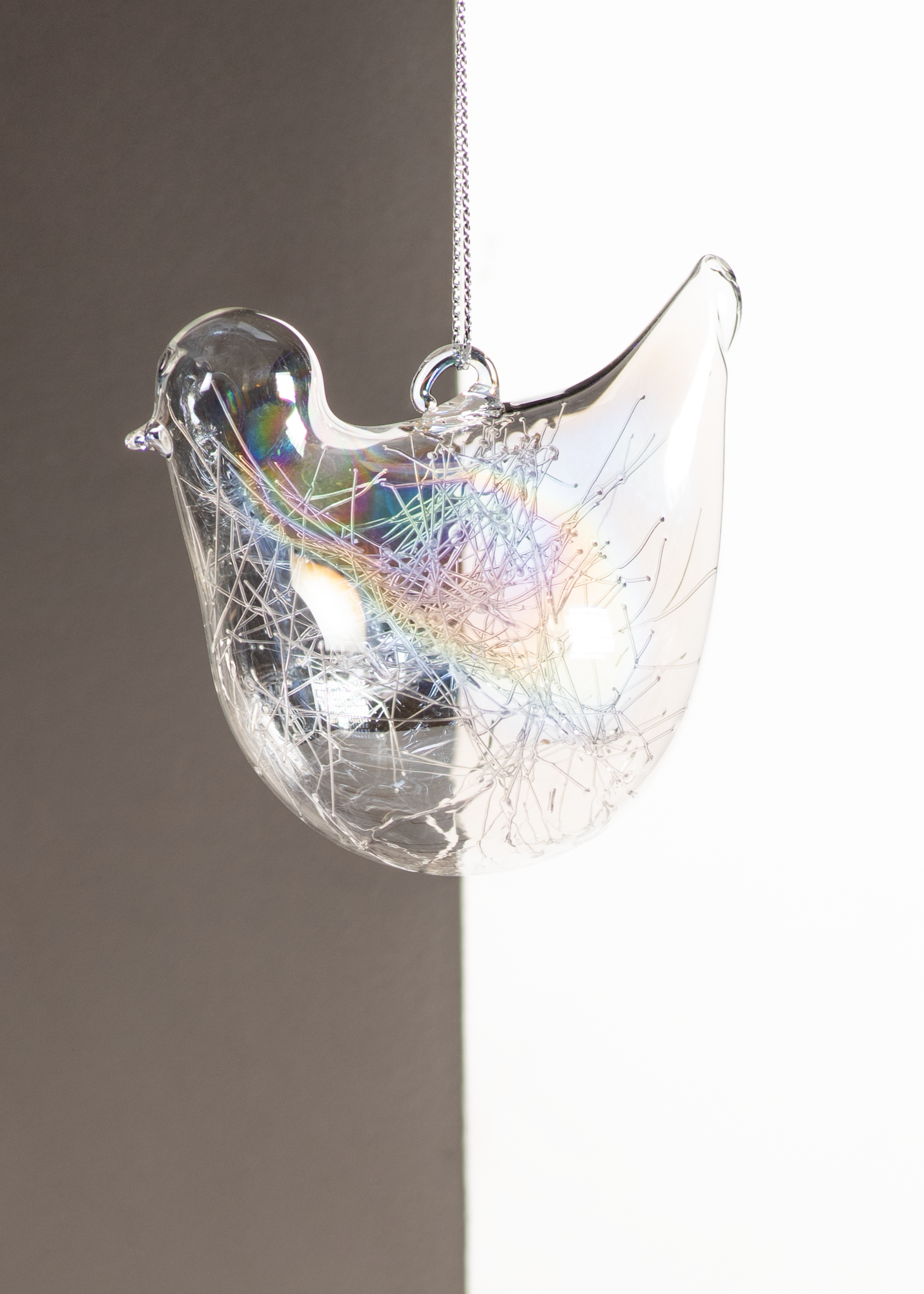 peace dove ornaments Hanging glass bird ornament with rainbow shimmer and static interior